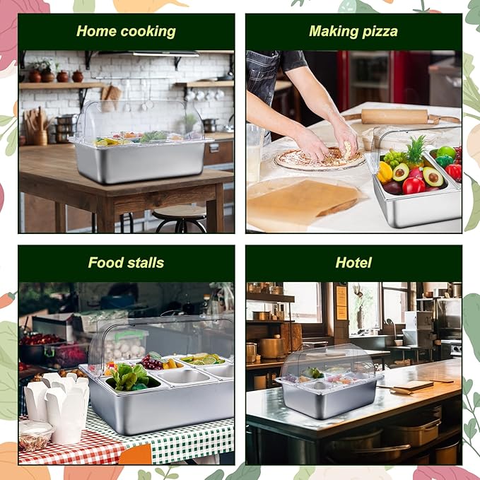 Tessco for you 16 Pcs Ice Food Spice Serving Display Countertop Chilled Condiment Container Set with Lid, Stainless Steel Salad Cold Caddy for Buffet Restaurant Kitchen Party(2 Compartments)