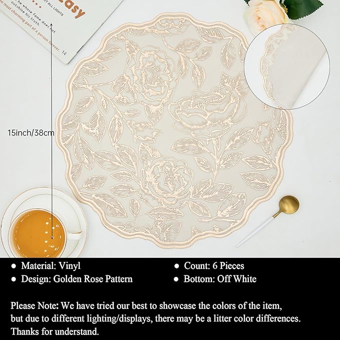 Round Placemats Gold Rose Table Mats Set of 6 Vinyl Heat Resistant Mat Washable Non-Slip 15'' for Kitchen and Dining Holiday Wedding Accent Centerpiece