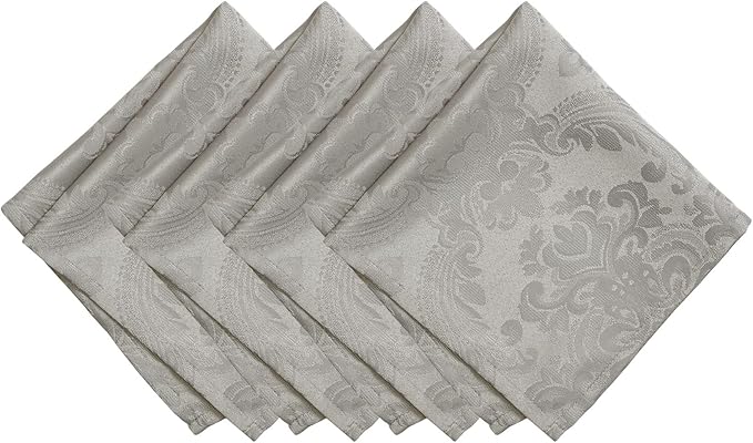 Elrene Home Fashions Caiden Elegance Damask Waterproof, Stain & Wrinkle Resistant Fabric Napkins (Set of 4), 17" x 17", Silver