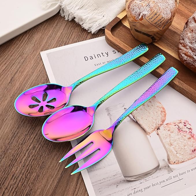 Serving Utensils Set, 5-Piece 18/8 Stainless Steel Hostess Serving Set, Elegant Hammered Serving Utensils for Home Restaurant and Buffet Catering, Heavy and Mirror Polished, Rainbow