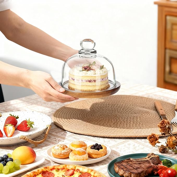 2 Pack Ultra Mini Wooden Base Cake Display Stand with Glass Dome,Cloche Clear Glass Bell Jar Cover for Dessert Cheese Candy Plants Succulents (4.1 x 3.7 inch)