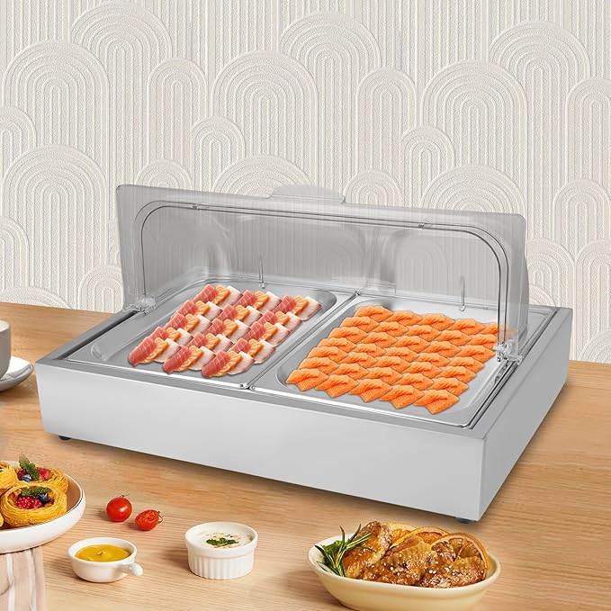 Ice Food Serving Tray, Stainless Steel Food Serving Container with Clear Roll Top Cover, Cold Buffet Platter Cooler Chiller, Food Display Plate for Seafood Fruit Desserts Catering