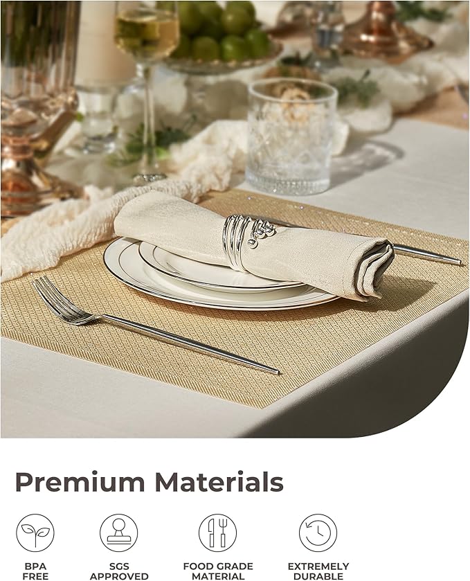 Leetaltree Sparkling Gold Sequin Woven Vinyl Placemats, Set of 8 - Waterproof & Washable Dining Table Mats for Wedding, Anniversary, Daily Use, Hand-Cut