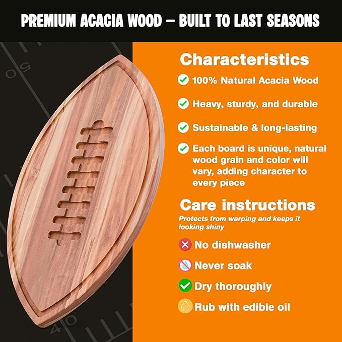 New – Giant Football Shaped Cutting Board – Jumbo Size Acacia Wood Charcuterie Tray – Extra Large Wooden Football Serving Platter for Super Bowl Parties, Tailgate Hosting & Gifts