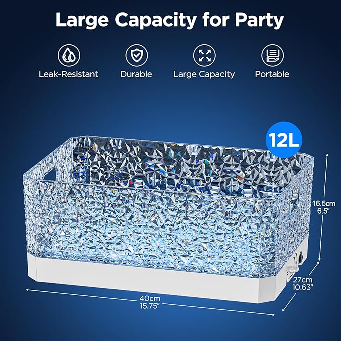Plastic Ice Bucket Beverage Tubs for Parties, 15Liter / 4 Gallon Large Clear Drink Tub for Champagne Beer Drink Wine Cocktails, 7 Colors LED Light Up with Remote, Leakproof