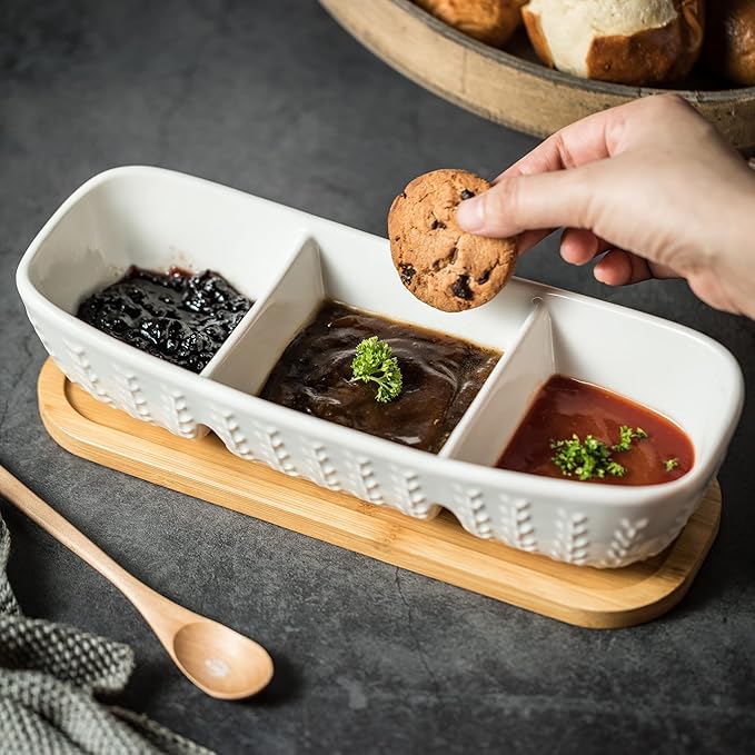 3 Compartment Condiment Tray, Chip and Dip Bowl with Wooden Serving Tray, Perfect for Snacks, Appetizers, Charcuterie, Chips, Candy, 10-inch Chip and Dip Serving Set for Parties