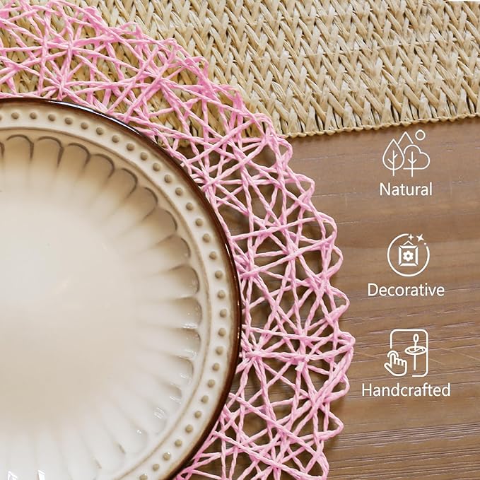 AHHFSMEI Paper Braided Round Placemats Set of 12 Natural Non-Slip Heat Resistant Table Mats for Dining Tables Woven Indoor Outdoor Place mats(Pink)
