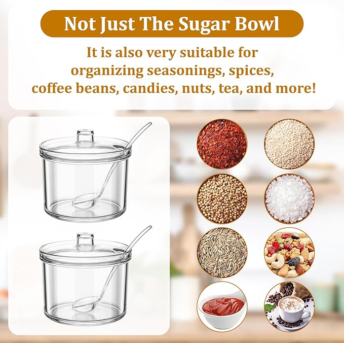 8 Pieces Clear Acrylic Sugar Bowl, 7.1 oz Seasoning Box, Condiment Pots with Spoon and Lid, Sugar Spice Salt Canister for Home Kitchen, Coffee Bar, Restaurant