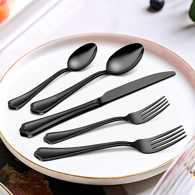 Herogo 30-Piece Black Silverware Set with Scalloped Edge, Stainless Steel Flatware Cutlery Set for 6, Modern Tableware Eating Utensils, Dishwasher Safe, Mirror Polished
