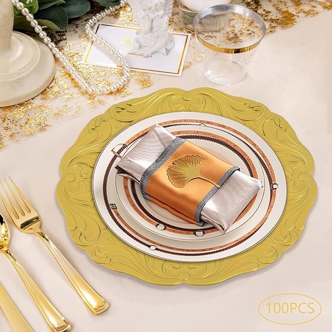 100 Pcs Antique Charger Plates Bulk 13 Inch Embossed Rim Plastic Party Dinner Plate Chargers Round Decorative Server Plate for Wedding Party Event Tableware (100pcs-Gold5)