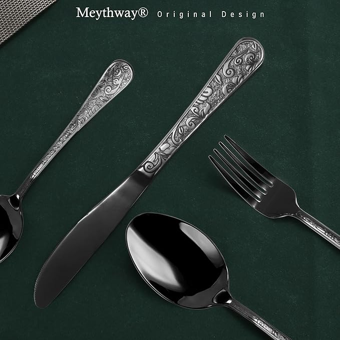Meythway 40-Piece Vintage Carved Black Silverware Set for 8, Stainless Steel Flatware Set with Knife/Fork/Spoon, Cutlery Set for Home and Kitchen, Utensil Set with Dishwasher Safe