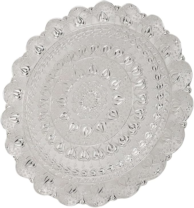 Vintage Style Round Coffee Serving Tray with Embossed Pattern, Retro Tea Coffee Plate for Bar, Outdoor Dresser, Dessert (Silver)