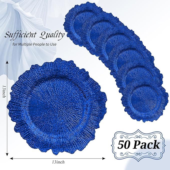 50 Pack Royal Blue Charger Plates Bulk, 13" Plastic Reef Chargers for Dinner Plates, Round Charger Plate with Floral Reef Design for Dinner Wedding Party Table Setting Decoration