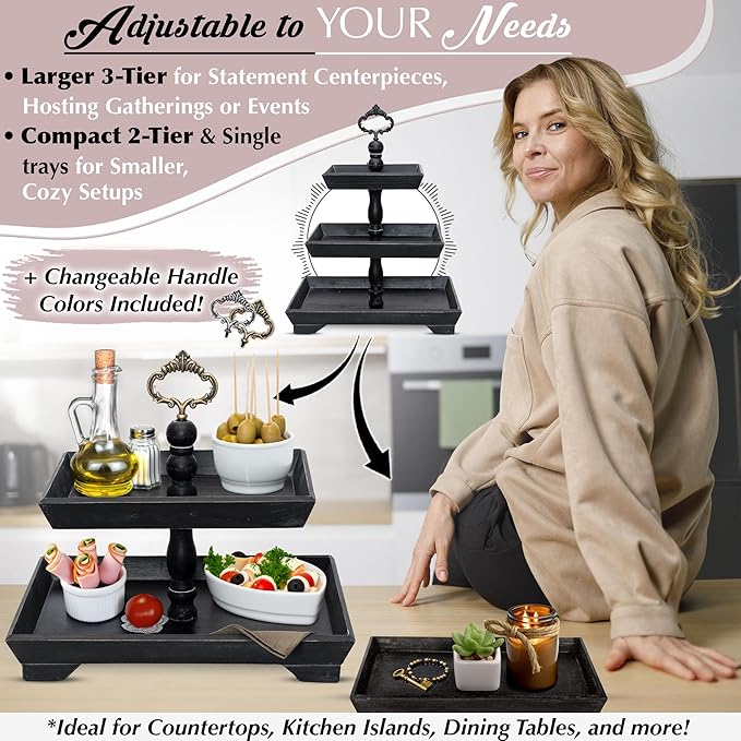 3 Tier Serving Tray [3 in 1] - Gorgeous Coffee Table Tray [Includes 3 Changeable Handles] - Can Assemble into a 1, 2 or 3 Tier Decor - Kitchen Table Centerpiece - Rectangle Wooden Serving Stand