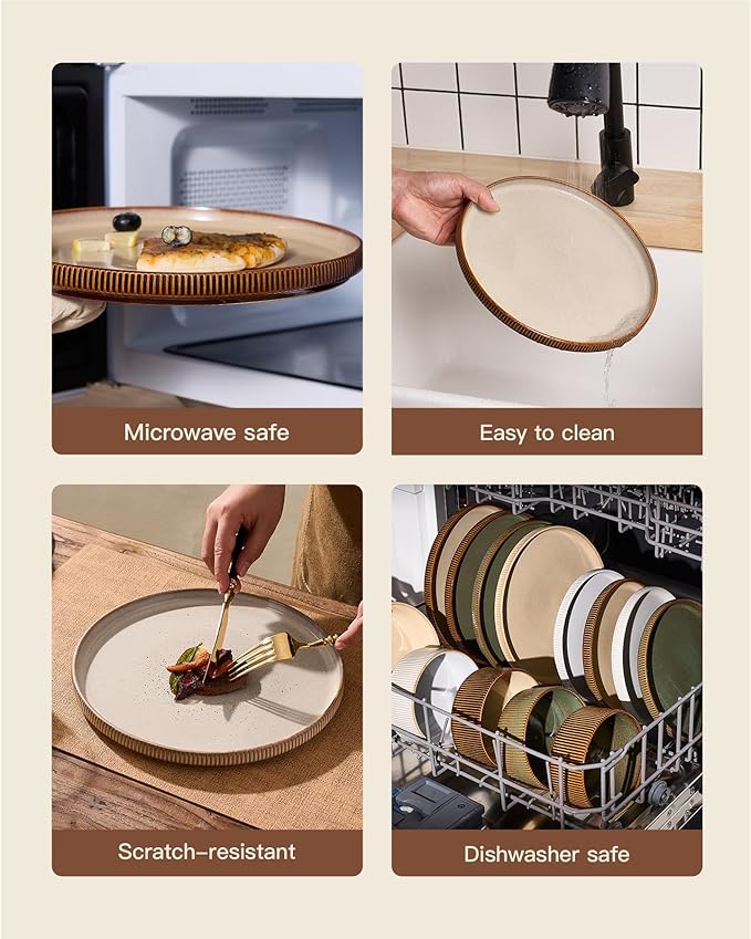 Stoneware Plates and Bowls Dishes Sets Service for 6 (18-Piece), Handcrafted Reactive Glaze Dinnerware Set with Raised Rim, Scratch Resistant, Microwave Dishwasher Safe, Cream Cocoa