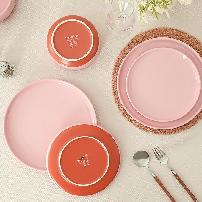 12 Piece Dinnerware Sets for 4, Dual Glaze Stoneware Plates and Bowls Set, Microwave and Dishwasher Safe, Pink
