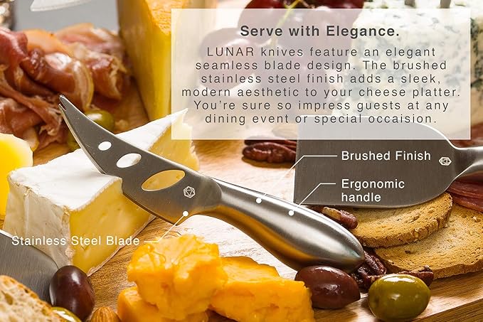 Lunar 6-Piece Cheese Knife Set - Premium Stainless Steel Cheese Knives Collection - Charcuterie Board Accessories Gift Ready w/ 15 Festive Recipes