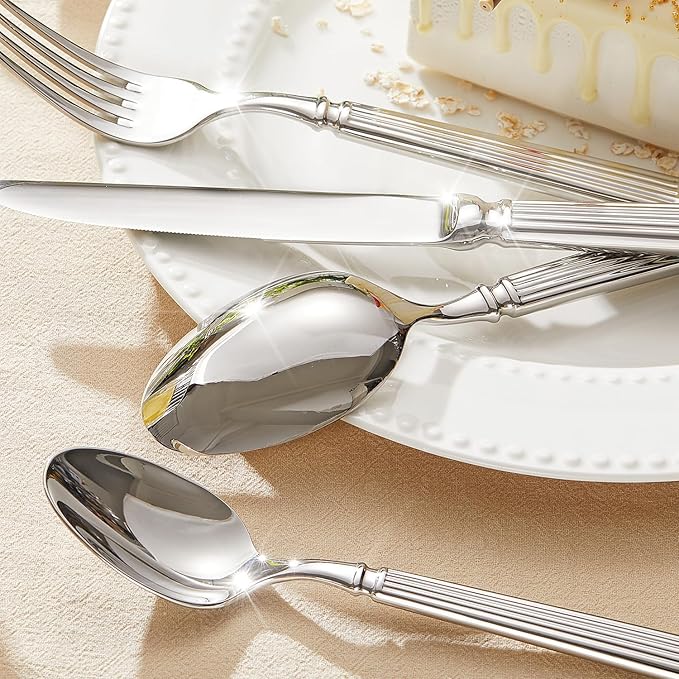 KINGSTONE Silverware Set, 40-Piece 18/10 Stainless Steel Flatware Set - Roman Column Embossed Thick Handle, for Wedding, Home, Restaurant, Kitchen and Party, Mirror Polish & Dishwasher Safe