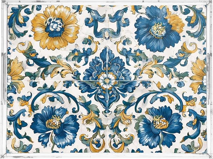 Serving Tray with Handles Clear Acrylic Tray 12x16 Inch Decorative Rectangular Tray Organizer for Ottoman Coffee Table Bathroom Floral Blue and Yellow Tile