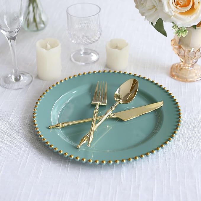 10" Dinner Plates - Set of 20 - Plastic Dusty Sage Green/Gold Round Disposable Plate Beaded Rim, Ideal for Decoration Party Wedding Bulk Events