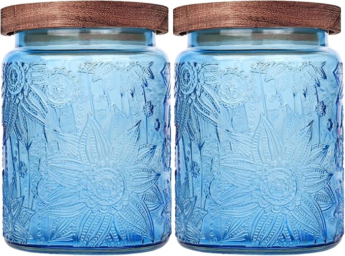 Glass Storage Jars With Airtight Lid, 23.7oz Canister For Kitchen Counter with Wooden Lid, brown sugar, candy, coffee, cookie, salt, tea,pantry cute Jar (2-Pack Blue, 23.7 floz)