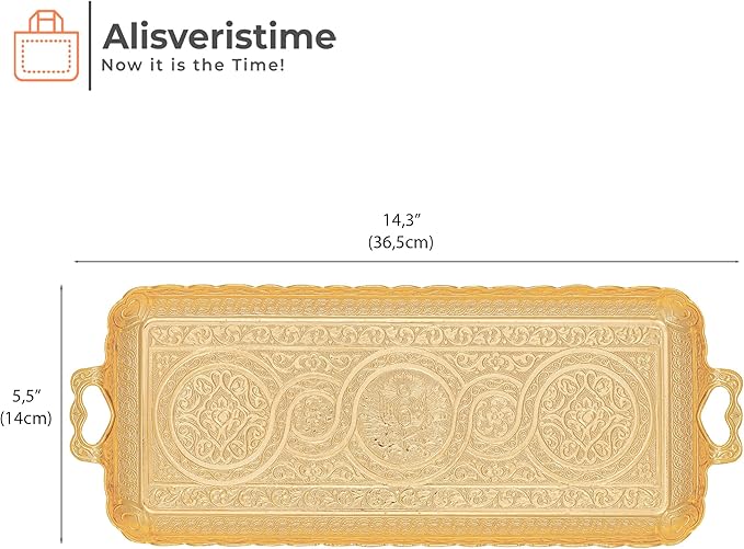 Alisveristime Turkish Ottoman Coffee Tea Beverage Serving Rectangle Tray (Small Tray) (13 INC*5.5 INC) (Gold)