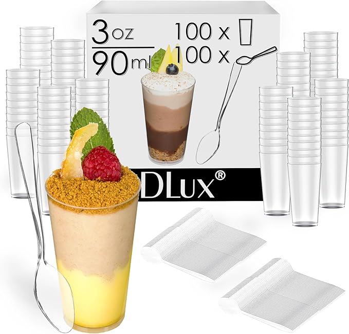 DLux 100 x 3 oz Mini Dessert Cups with Spoons, Shooter - Clear Plastic Parfait Appetizer Cup - Small Reusable Shooter Glass for Tasting Party Shooters Desserts Appetizers - With Recipe Ebook
