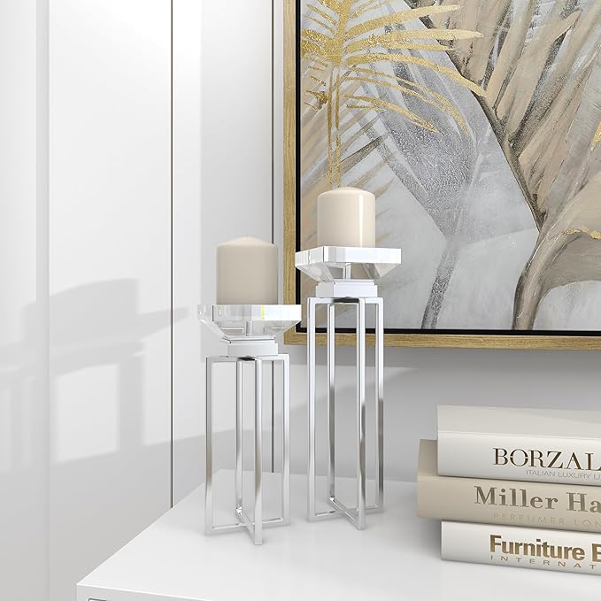 Deco 79 Stainless Steel Metal Geometric Decorative Candle Holder Candle Stand with Diamond Inspired Top, Set of 2 Candlestick Holder 10", 13"H, Silver