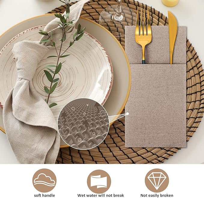 Cindeer 150 Pcs Wood Color Linen Dinner Feel napkins with Built in Flatware Pocket Prefolded Paper Disposable Airlaid Guest Hand Towel for Silverware Wedding Reception Christmas Baby Shower