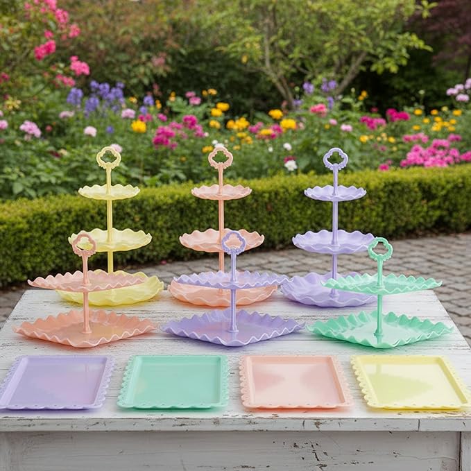 Pack of 10 NWK Cake Stand, Cupcake Stand, with 3X Two-Tier Cupcake Stands + 3X Three-Tier Cupcake Stands + 4 x Appetizer Trays Perfect for Birthday Baby Bridal Shower Party (Colorful)