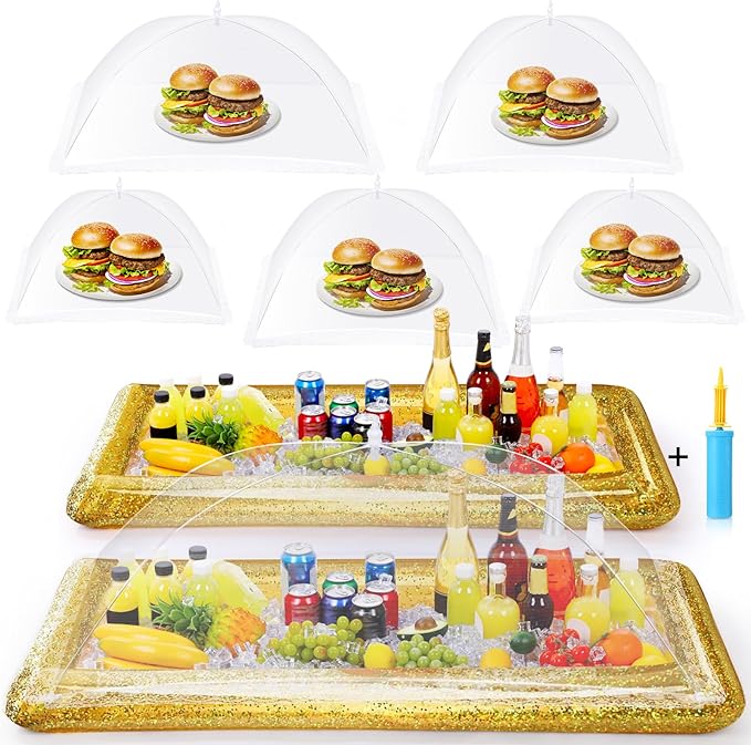 8 Pcs Glitter Inflatable Serving Bar Kit Includes 2 Salad Buffet Tray with Drain Plug 5 Mesh Food Cover 1 Inflator Inflatable Food Drink Containers for Outdoors Pool Party Camping(Gold)