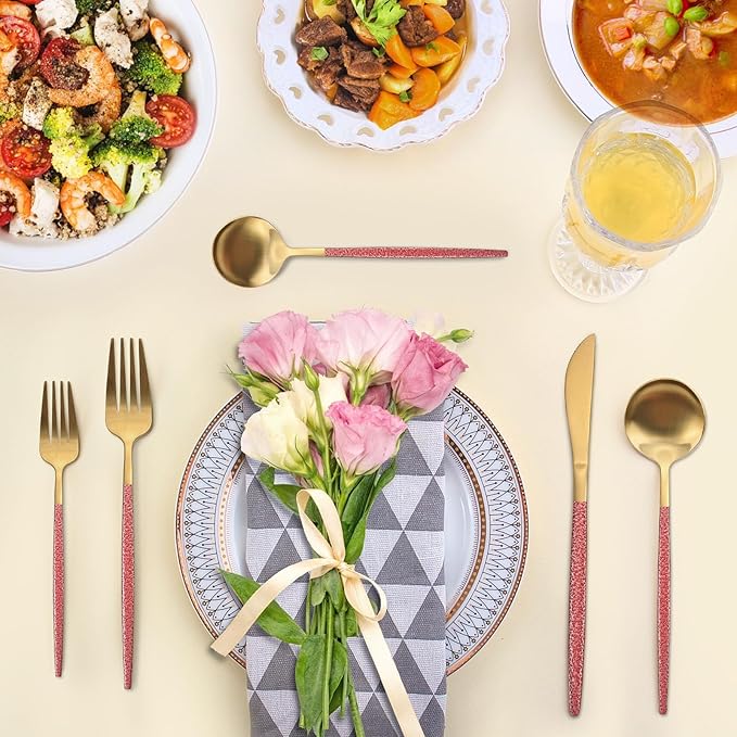 20-Piece Silverware Set for 4,Gold Flatware Set With Red Handle,Durable Kitchen Eating Tableware Set,Include Fork Knife Spoon Set,Premium Stainless Steel Flatware Set,Dishwasher Safe
