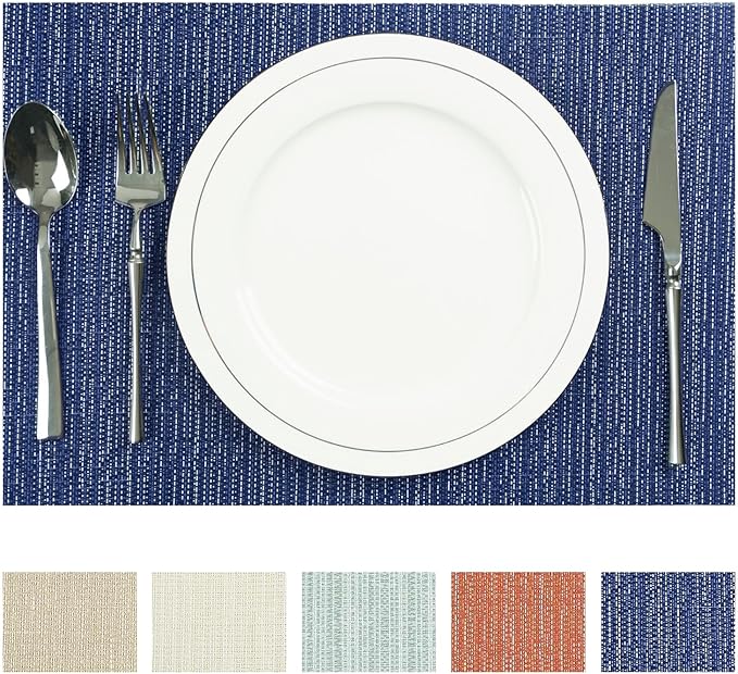 AHHFSMEI Placemats for Dining Table Set of 4 Woven Vinyl Plastic Place Mats Non-Slip Heat Insulation Stain Resistant Table Mats Washable Easy Clean Placemats (Multi Blue,4)