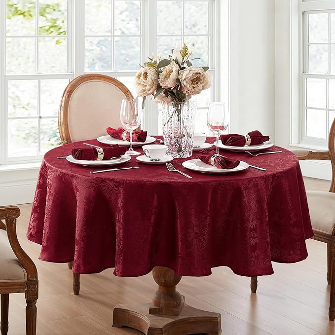 Elrene Home Fashions Caiden Elegance Damask Waterproof, Stain & Wrinkle Resistant Fabric Tablecloth, 90" Round, Cranberry