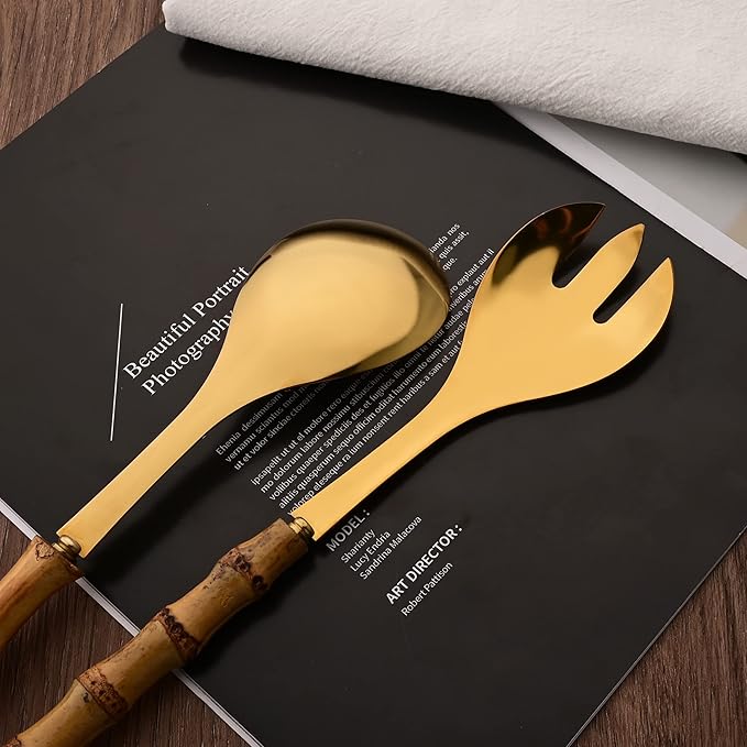 Stainless Steel Flatware Set, Bamboo Handle Silverware Set, Reusable Eating Utensils for Home Kitchen and Restaurant, Modern Gold Cutlery Set, 4 Pieces Serving Utensil