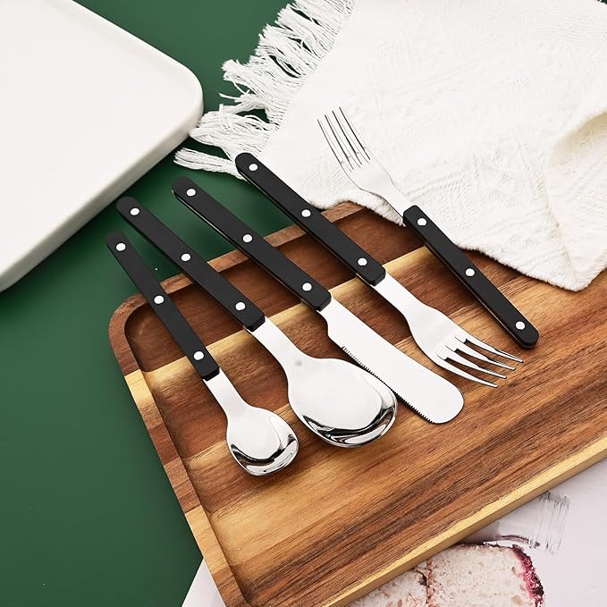 5 PCS Stainless Steel Flatware Set for 1, Silverware Set with Colored Handles, Retro Style Forks Spoons and Knives Set, Vintage Eating Utensils, Black Acrylic Handle with Rivets Design