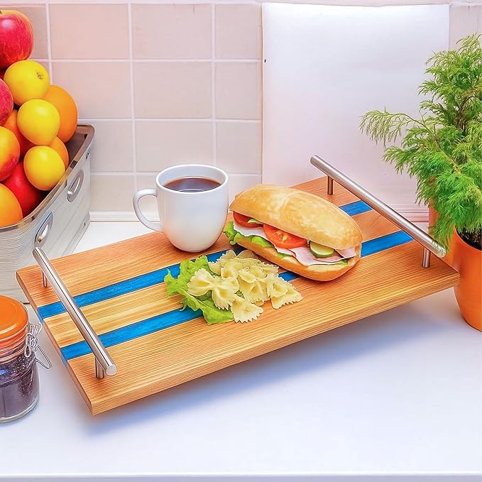 Oak Wood Epoxy Resin Serving Tray with Silver Handal and dubal Epoxy Looks for Food Breakfast in Bed Coffee Table Decor Serving Tray