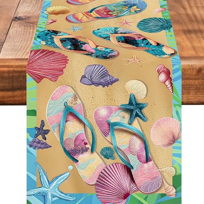 Beach Slippers Table Runner Seasonal Holiday Kitchen Dining Linen Table Decoration for Indoor Outdoor Home Party Decor 13 x 72 Inch