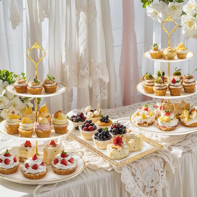 Supernal 10 Pack Dessert Table Display Set -4 Sets 3 Tier Cupcake Stand,6 Pcs Food Serving Trays,Elegant Tableware for Cupcakes and Snacks,Perfect for Tea Party Baby Shower Decorations(White and Gold)