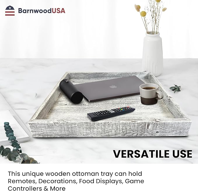 Wooden Ottoman Tray with Felt Pad – Decorative Couch Serving Tray Made with Real Rustic Reclaimed Wood - Perfect for Living Room Ottomans, Sofas, & Coffee Tables -24" x 24"- White Wash