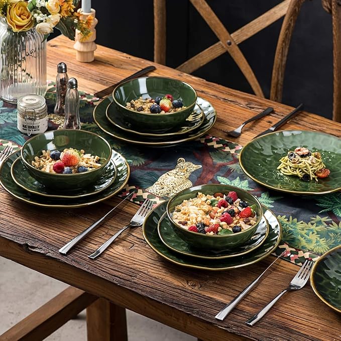 vicrays Ceramic Dinner Plates Set, 10.5 Inch, Set of 4, Round, Microwave, Oven, Dishwasher Safe, Porcelain Fluted Suitable for Steak, Pasta, Pizza, Home, Party, Restaurant (Green)