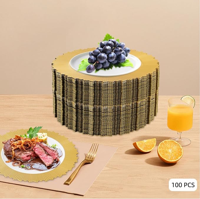 100 PCS Charger Plates Bulk, 13 Inch Plastic Round Charger Dinner Plates Jagged Edge Service Plates Decorative Chargers Bulk for Table Setting Wedding Party Event(Gold)