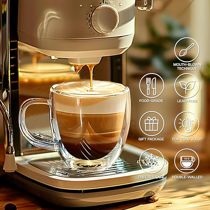 YMMIND Set of 2 Double Walled Glass Coffee Mugs 6 Ounces Insulated Layer Coffee Cups with Handle Borosilicate Glass Espresso Cup for Hot Beverage,Cappuccino,Tea,Latte,Wine,Microwave Safe