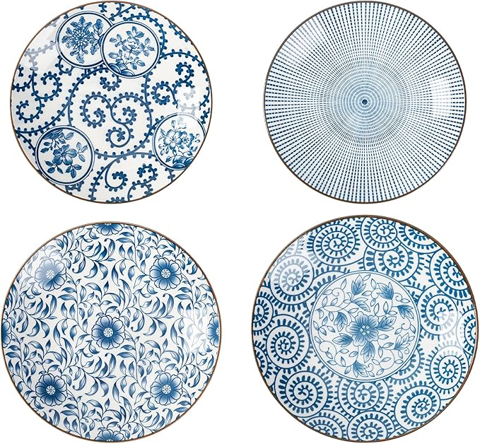 TJ Global Set of 4 Japanese Pottery Ceramic 6.8 Inch Plates for Any Meal and Dish, Japanese Dinnerware and Tableware with Traditional Blue Design