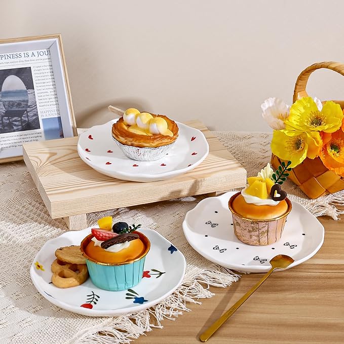 Koythin Ceramic Dessert Plates, Cute Fruits Dinner Plate, Creative Plates Design, Printed Flowers Dinnerware for Office and Home, Kitchen Plates for Desserts (Small Love)