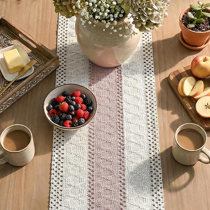 Artoid Mode Pink Farmhouse Rustic Table Runner, Seasonal Holiday Hollow Kitchen Dining Table Decoration for Home Party Decor 12x108 Inch