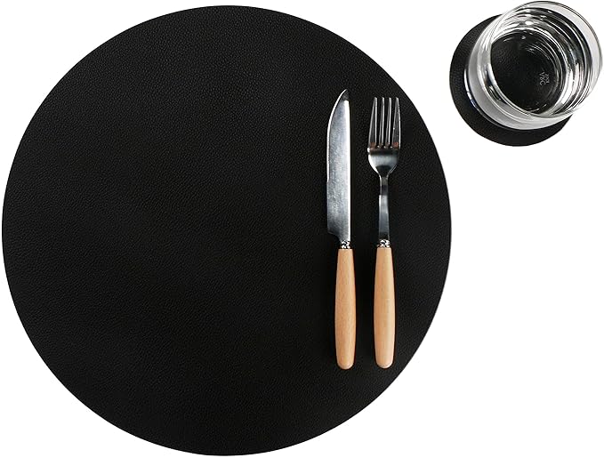 Wipeable Placemats and Coasters Leather Table Mats Waterproof Heat-Resistant Easy to Clean for Dining Table Set Kitchen Table Set of 6, Black