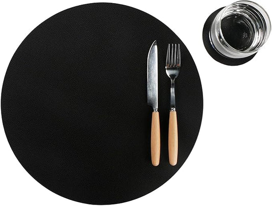 Wipeable Placemats and Coasters Leather Table Mats Waterproof Heat-Resistant Easy to Clean for Dining Table Set Kitchen Table Set of 6, Black