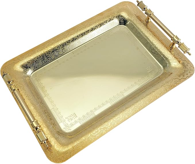 (Pack of 2) 15.7 inch x 11 inch Oblong Iron Gold Plated Mirror Serving Tray with Handles Floral Engraved Decorative Party Birthday Dessert Wine Decor Platter Plate Base Dish NC-014
