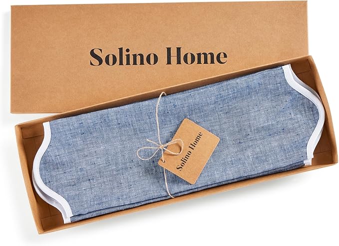 Solino Home Scallop Linen Placemats Set of 4-100% Pure Linen White and Chambray Indigo Round Cloth Placemats 16 Inch - Giselle Scallop Edge, Handcrafted and Machine Washable